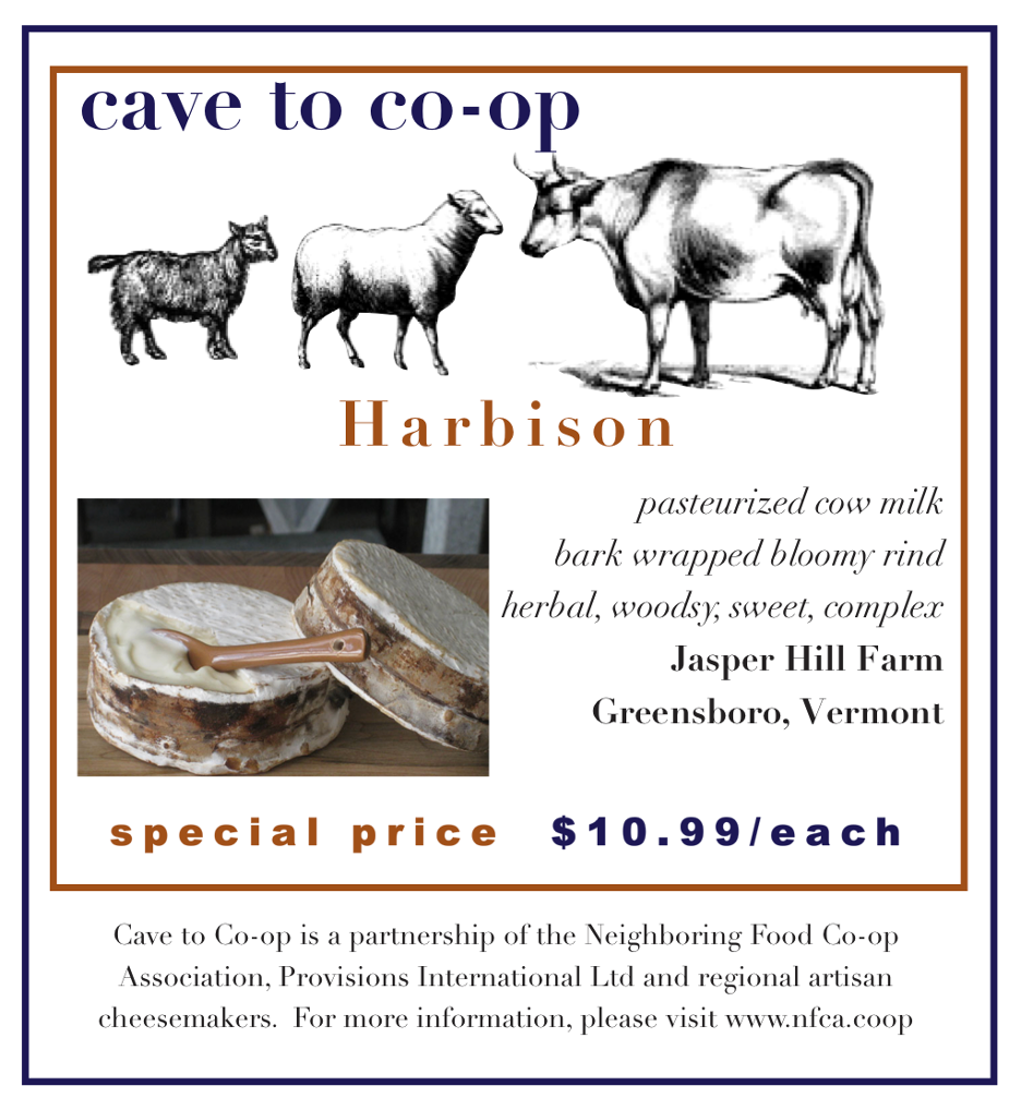 Image depicting Harbison Cheese by Jasper Hill Farm from Greensboro, VT.  Described as "pasteurized cow milk; bark wrapped bloomy rind; herbal, woodsy, sweet, complex"